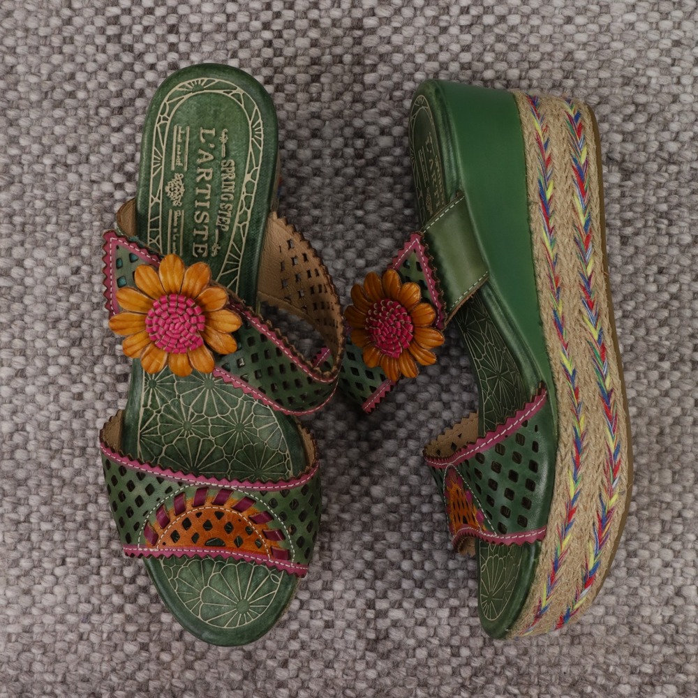 L'Artiste Spring Step Virgie Sandals Womens 41 Green Multi Good Leather Platform